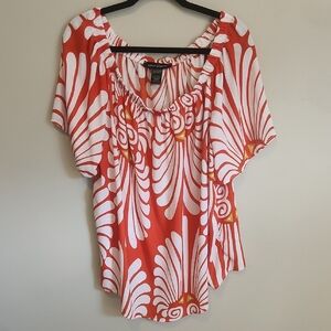 Ashley Stewart Coral & White Printed Peasant Blouse